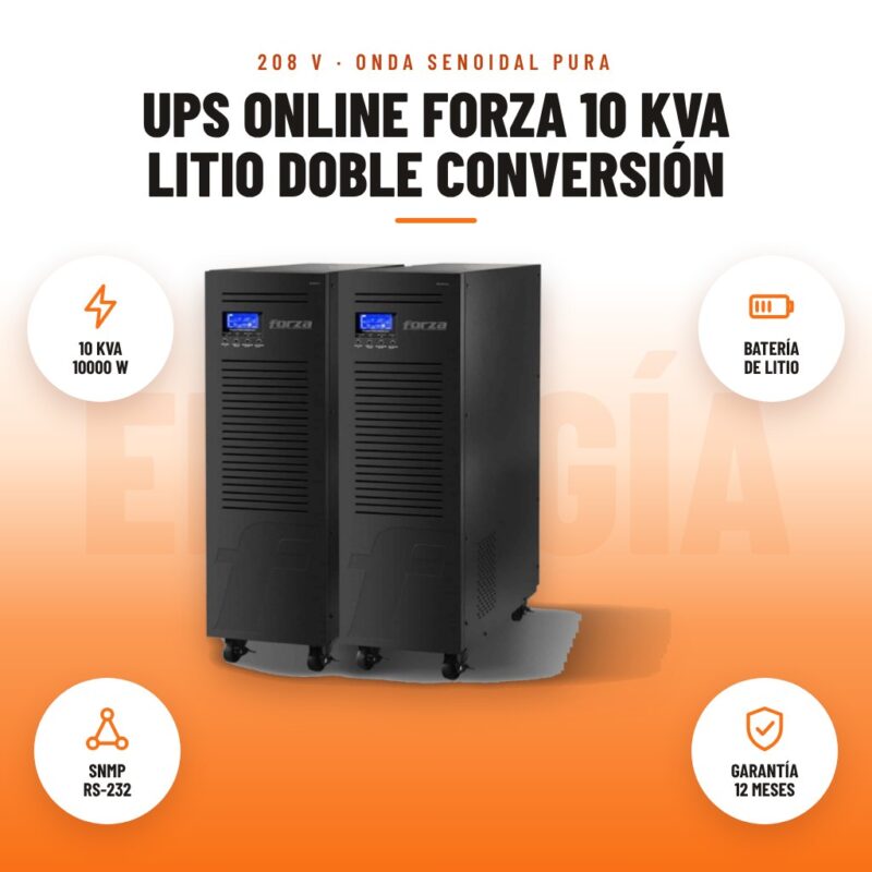 UPS Online Forza 10 kVA Litio Doble Conversión: imagen promocional con 10 kva 10000 w, batería de litio, snmp rs-232, garantía 12 meses