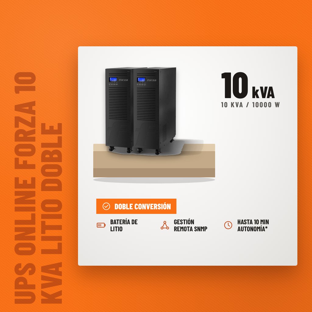 UPS Online Forza 10 kVA Litio Doble Conversión sobre soporte con sus beneficios principales