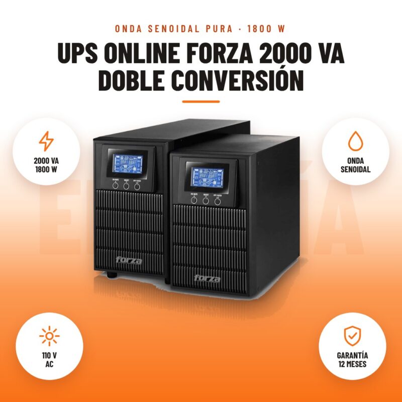 UPS Online Forza 2000 VA Doble Conversión: imagen promocional con 2000 va 1800 w, onda senoidal, 110 v ac, garantía 12 meses