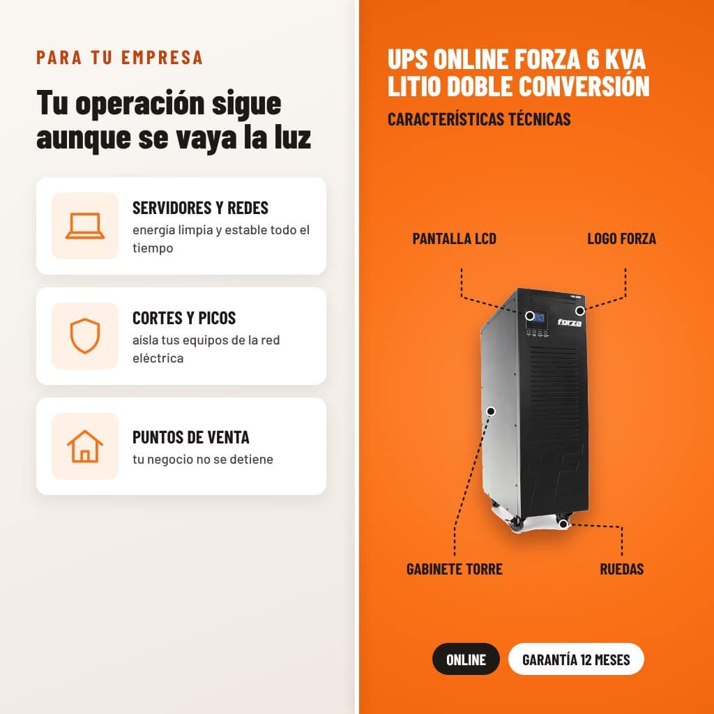 UPS Online Forza 6 kVA Litio Doble Conversión: usos y características técnicas señaladas