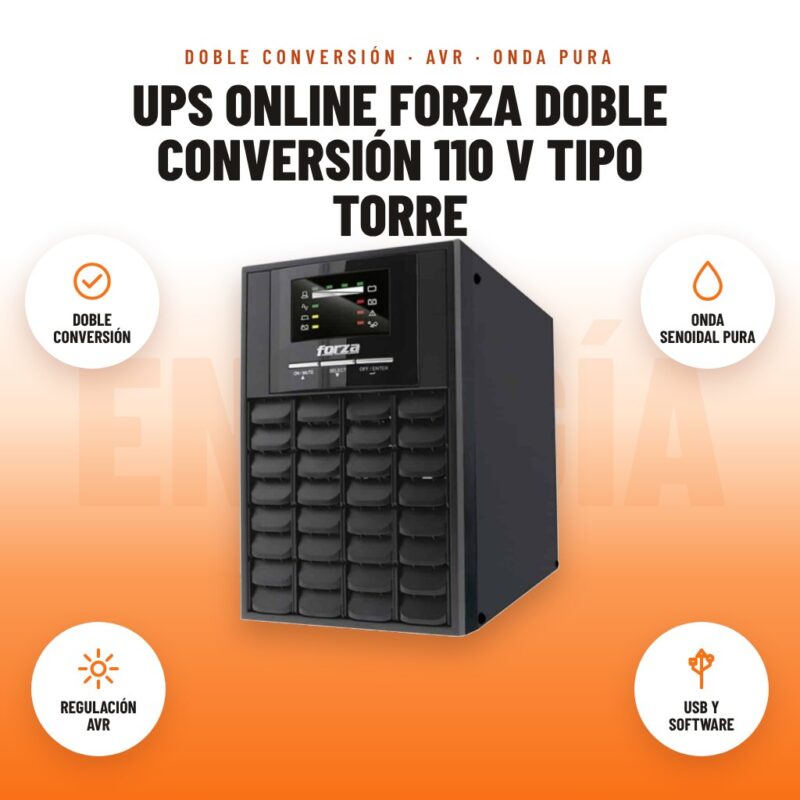 UPS Online Forza Doble Conversión 110 V Tipo Torre: imagen promocional con doble conversión, onda senoidal pura, regulación avr, usb y software