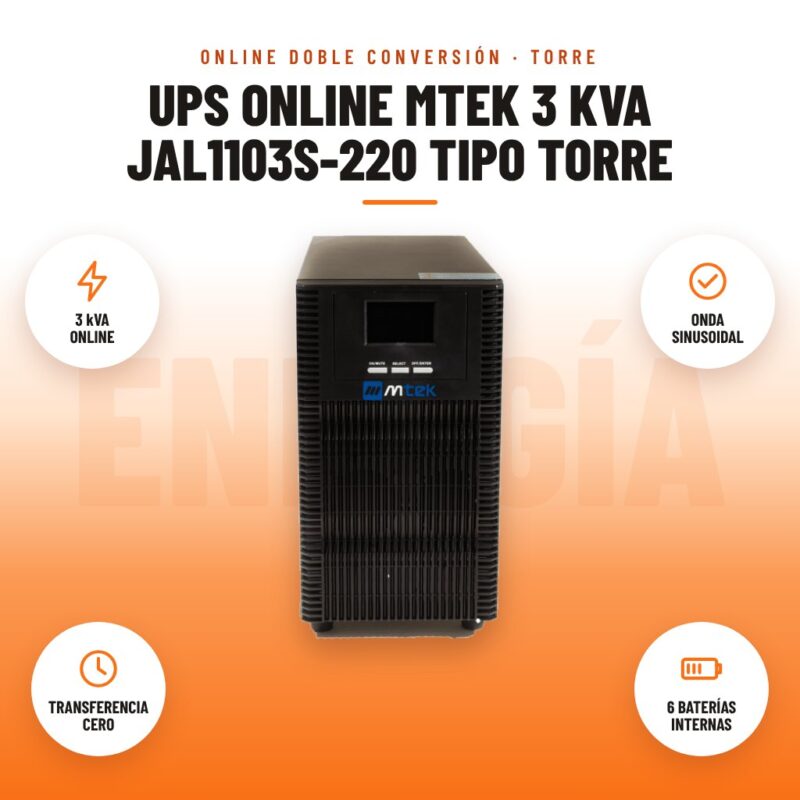 UPS Online Mtek 3 kVA JAL1103S-220 Tipo Torre: imagen promocional con 3 kva online, onda sinusoidal, transferencia cero, 6 baterías internas