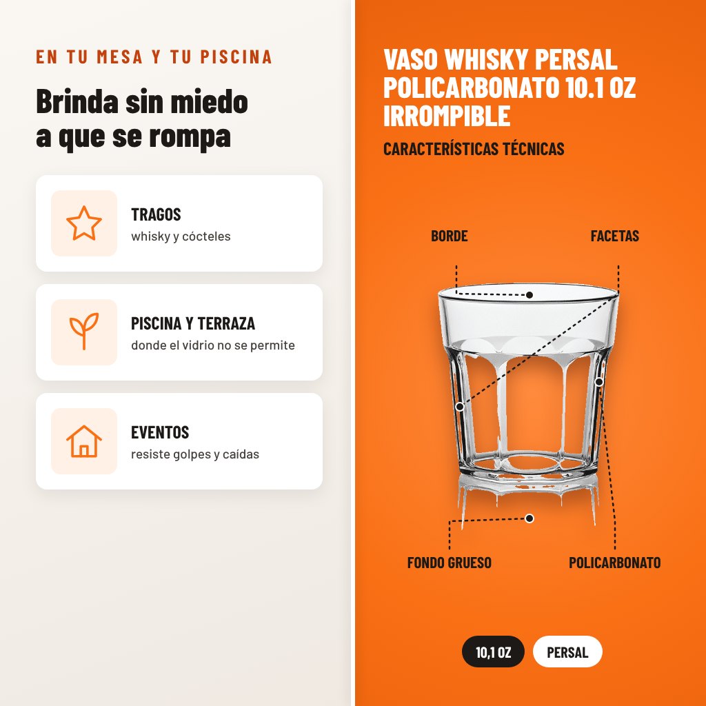 Vaso Whisky Persal Policarbonato 10.1 oz Irrompible: usos y características técnicas señaladas