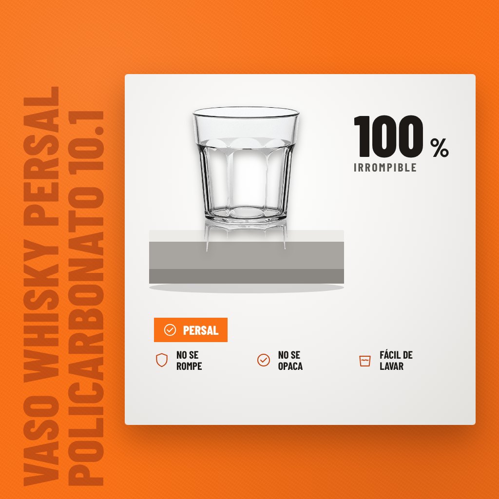 Vaso Whisky Persal Policarbonato 10.1 oz Irrompible sobre soporte con sus beneficios principales