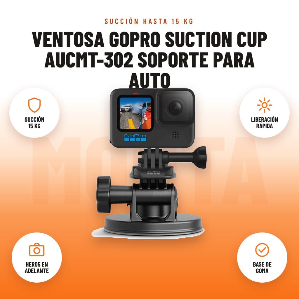 Ventosa GoPro Suction Cup AUCMT-302 Soporte para Auto: imagen promocional con succión 15 kg, liberación rápida, hero5 en adelante, base de goma