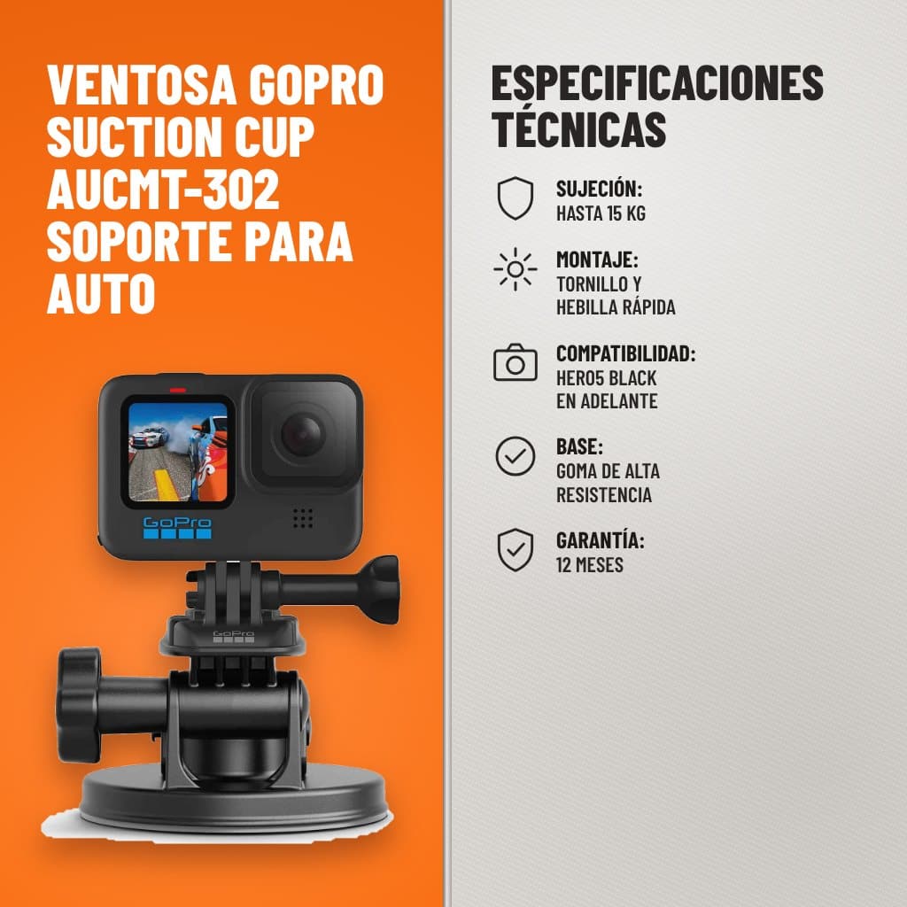 Especificaciones técnicas de Ventosa GoPro Suction Cup AUCMT-302 Soporte para Auto