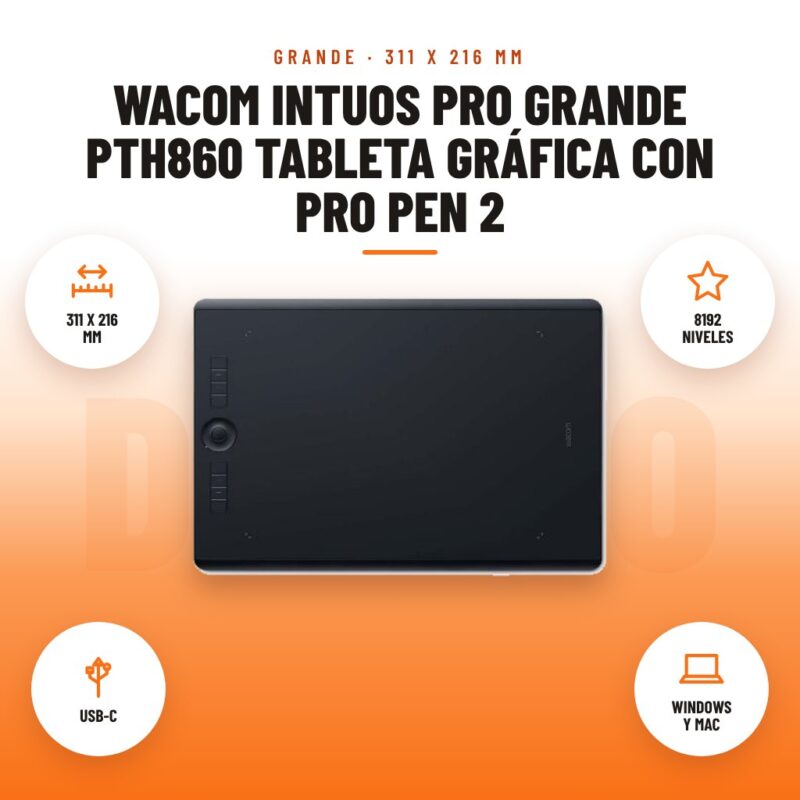 Wacom Intuos Pro Grande PTH860 Tableta Gráfica con Pro Pen 2: imagen promocional con 311 x 216 mm, 8192 niveles, usb-c, windows y mac