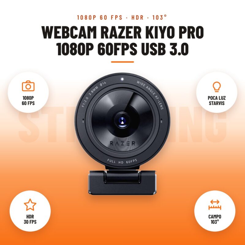 Webcam Razer Kiyo Pro 1080p 60FPS USB 3.0: imagen promocional con 1080p 60 fps, poca luz starvis, hdr 30 fps, campo 103°